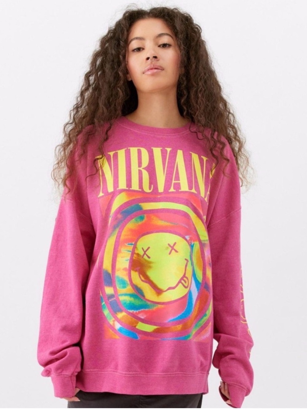 NIRVANA Hot Pink Neon Smiley Crewneck
